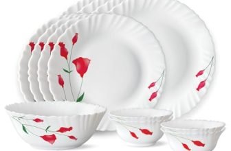 Larah by Borosil Fluted Series Diana Opalware Dinner Set of 4 Full Plate, 4 Quarter Plates, 4 Veg Bowls and 1 Serving Bowl | Bone-Ash Free Crockery Set for Dining Table (White, 13 Pieces)