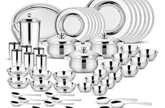 Steelcraft Premium Stainless Steel Dawat-E-Nikah Dinner Set 57 Pcs, High Grade Quality-with Silver Touch Finish, Kitchen Set for Home, Made in India, Steel Colour