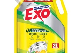 Exo Dishwash Liquid Refill Pack | Ginger & Lemon | Tough Grease Removal for Utensils | Anti-Bacterial Dishwashing Liquid | Bio-Enzyme Liquid Dishwash | No Residue Cleaning – 2L