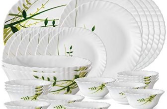 Larah by Borosil Fluted Series Green Herbs Opalware Dinner Set | 27 Piece for Family of 6 | Microwave & Dishwasher Safe | Bone-Ash Free | Crockery Set for Dining & Gifting | Plates & Bowls | White