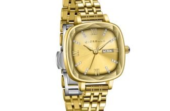 Giordano Elegant Square Watch for Women – Crystal & Roman Hour Markers, Day-Date Display, Stainless Steel Strap