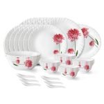 Larah by Borosil Belle Fluted Series Opalware Dinner Set | 33 Pieces for Family of 6 | Microwave & Dishwasher Safe | Bone-Ash Free | Crockery Set for Dining & Gifting | Plates & Bowls | White
