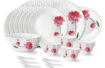Larah by Borosil Belle Fluted Series Opalware Dinner Set | 33 Pieces for Family of 6 | Microwave & Dishwasher Safe | Bone-Ash Free | Crockery Set for Dining & Gifting | Plates & Bowls | White