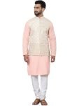 SOJANYA (Since 1958 Men’s Pure Cotton Peach Kurta and White Pyjama with Cream Nehru Jacket