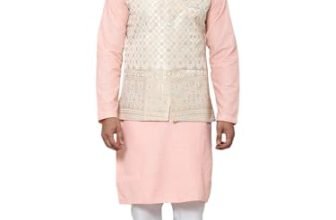 SOJANYA (Since 1958 Men’s Pure Cotton Peach Kurta and White Pyjama with Cream Nehru Jacket