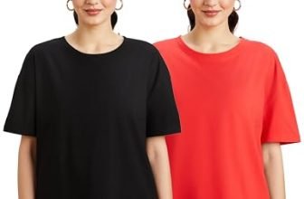 Amazon Brand – Symbol Women’s Cotton Stretch Oversized Fit Round Neck Half Sleeve T-Shirt (Combo Pack of 2) (TS-8 Cont_Black & RED_XL)