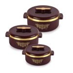 CELLO Exotic Insulated Casserole Set of 3, (500ml, 1000ml, 1500ml) Brown | Double Walled, PU Insulated | Hot Pot Case Keeps Food Fresh & Hot For Long Hours | Casserole Set For Roti, Chapati, Rice