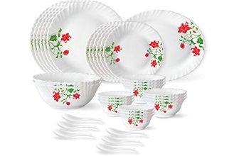 Larah by Borosil Hazel Fluted Series Opalware Dinner Set | 33 Pieces for Family of 6 | Microwave & Dishwasher Safe | Bone-Ash Free | Crockery Set for Dining & Gifting | Plates & Bowls | White
