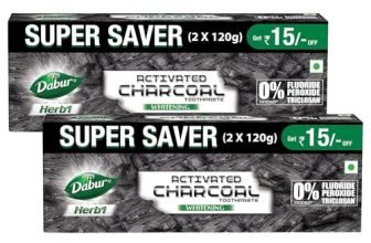DABUR Herb’L Activated Charcoal Toothpaste 480G (120G x4, Pack of 4)|Whitening Black Gel Toothpaste|Fluoride Free|Fights Plaque & Extrinsic Stains|With Power of Mint|Cool & Refreshing Mouth Experience