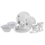 Cello Opalware Dazzle Series Florid Vine Dinner Set | Microwave & Dishwasher Safe | Light-Weight & Thermal Resistant | Crockery Set for Dining & Gifting | Set of 37, White