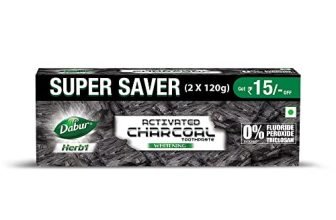 DABUR Herb’L Activated Charcoal Toothpaste 240G (120G x2, Pack of 2) | Whitening Black Gel Toothpaste | Fluoride Free | Fights Plaque & Extrinsic Stains | With Power of Mint | Cool & Refreshing Mouth Experience
