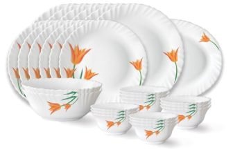 Larah by Borosil Firefly Fluted Series Opalware Dinner Set of 6 Full Plate 6 Quarter Plates 6 Veg Bowls 6 Soup Bowl 2 Serving Bowl and 1 Oval Rice Plate | Bone-Ash Free Crockery Set (White, 27 Pieces)