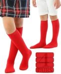 WKLOUYHE Kid’s Knee High Cotton Socks for Girls Boys and Toddlers, Solid Color Long School Uniform Socks_Pack Of 04,Red_10-11 Years