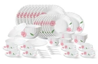 Larah by Borosil Red Mist Fluted Series Opalware Dinner Set | 63 Pieces for Family of 8 | Microwave & Dishwasher Safe | Bone-Ash Free | Crockery Set for Dining & Gifting | Plates & Bowls | White