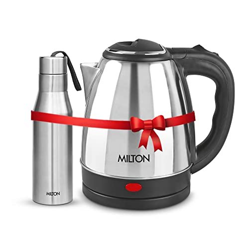 Milton Go Electro Stainless Steel Electric Kettle 1500 + Super 750 Thermosteel Bottle, Super Fast Boiling with 3X Protection Kettle-Overheat, Dry Boil Protection, Leak Proof, Vacuum Insulated, Silver