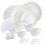 CELLO Tropical Lagoon Dazzle Series Opalware Dinner Set of 37 Pieces For Family of 6 | Bone-Ash Free & Leadfree Opal Glass, Microwave & Dishwasher Safe Plates & Bowls Crockery Set For Dining & Gifting