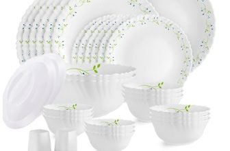 CELLO Tropical Lagoon Dazzle Series Opalware Dinner Set of 37 Pieces For Family of 6 | Bone-Ash Free & Leadfree Opal Glass, Microwave & Dishwasher Safe Plates & Bowls Crockery Set For Dining & Gifting