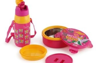 CELLO Kidzbee Star Gift Lunch Box 390ml and Water Bottle Set for School Kids, Pink | 3D Touch & Feel Tinkerbell Design, Leak Proof Airtight Kids Lunch Box Water Bottle Combo for Travel Picnic Gifting