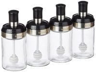 Amazon Brand – Solimo Borosilicate Glass Sauce Jar with Dipper, Set of 4 (250 Ml Each),Black