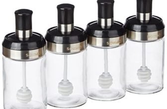 Amazon Brand – Solimo Borosilicate Glass Sauce Jar with Dipper, Set of 4 (250 Ml Each),Black