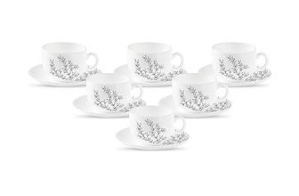 La Opala Diva, Pearl Collection Opal Glass Crockery | Cup & Saucer, Set of 12 | Dusky Vines, 160 ml | for Tea & Coffee | Microwave Safe | 100% Vegetarian | Extra Strong | Super Light | Super White