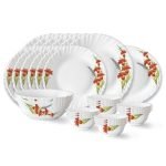 Larah by Borosil Red Iris Fluted Series Opalware Dinner Set | 27 Pieces for Family of 6 | Microwave & Dishwasher Safe | Bone-Ash Free | Crockery Set for Dining & Gifting | Plates & Bowls | White