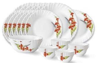 Larah by Borosil Red Iris Fluted Series Opalware Dinner Set | 27 Pieces for Family of 6 | Microwave & Dishwasher Safe | Bone-Ash Free | Crockery Set for Dining & Gifting | Plates & Bowls | White