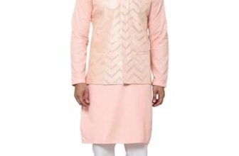 SOJANYA (Since 1958 Men’s Pure Cotton Peach Kurta and White Pyjama With Sequins Pink Nehru Jacket