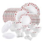 Cello Opalware Dazzle Series Red Rose Fantasy Dinner Set, 57Pcs | Opal Glass Dinner Set for 8 | Light-Weight, Daily Use Crockery Set for Dining | White Plate and Bowl Set