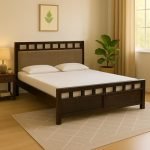 EXCEL International Matrix Solid Sheesham Wood Queen Size Bed Without Storage | Wooden Double Bed with Velvet Upholstery Cushioned Headboard for Bedroom | Rosewood, Provincial Teak
