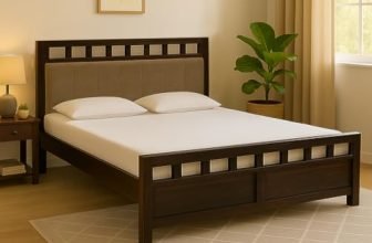 EXCEL International Matrix Solid Sheesham Wood Queen Size Bed Without Storage | Wooden Double Bed with Velvet Upholstery Cushioned Headboard for Bedroom | Rosewood, Provincial Teak