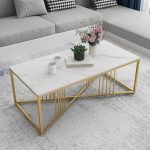 Furniture Cafe Modern Rectangular Coffee Table with White Marble Top and Black Metal Frame – Contemporary Center Table for Living Room (Golden & White)