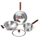 Milton Pro Cook Triply Stainless Steel 4 Pc Cookware Set | 24cm Kadai with Lid, 22cm Frypan, 16cm Tea Pan | Induction & Gas Compatible | Fast Heating | Sturdy Wooden Handle | 3-Year Warranty – Silver