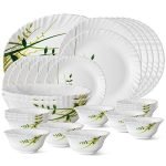 Larah by Borosil Fluted Series Green Herbs Opalware Dinner Set | 27 Piece for Family of 6 | Microwave & Dishwasher Safe | Bone-Ash Free | Crockery Set for Dining & Gifting | Plates & Bowls | White