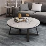 Furniture Café Modern Round Coffee Table with White Marble Finish Top and Black Metal Base – Living Room Center Table