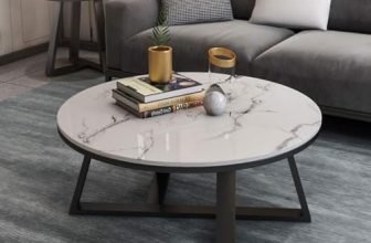 Furniture Café Modern Round Coffee Table with White Marble Finish Top and Black Metal Base – Living Room Center Table