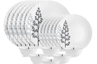 Cello Opalware Dazzle Series Winter Pine Dinner Set, 18 Units | Opal Glass Dinner Set for 6 | Light-Weight, Daily Use Crockery Set for Dining | White Plate and Bowl Set