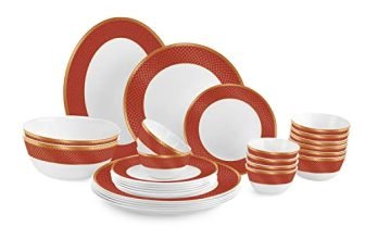 Cello Opalware Solitaire Series Ruby Dinner Set, 27 Units | Opal Glass Dinner Set for 6 | Crockery Set for Festive Ocassions, Parties | White Plate and Bowl Set