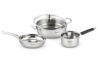 Lifelong 4 piece Stainless Steel cookware Set | 22 cm Kadai & Fry Pan 22 cm with Glass Lid | 14 cm Sauce Pan | Sandwich Bottom | Induction & Gas Stove Compatible (Silver, LLSSKFS01)