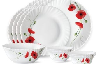 Larah by Borosil Fluted Series Red Carnation Opalware Dinner Set | 13 Piece for Family of 4 | Microwave & Dishwasher Safe | Bone-Ash Free | Crockery Set for Dining & Gifting | Plates & Bowls | White