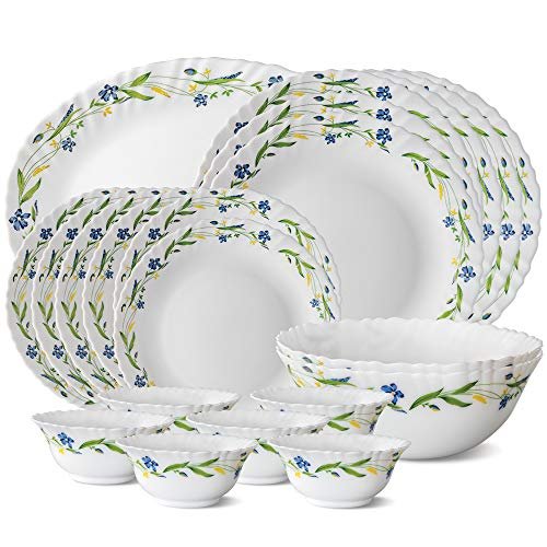 Larah by Borosil Cripper Fluted Series Opalware Dinnerset | 21 Pieces for Family of 6 | Microwave & Dishwasher Safe | Bone-Ash Free, Crockery Set for Dining & Gifting | Plates & Bowls, White