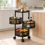 Lifelong 3-Tier Multipurpose Organizer Cart with 360-Degree Rotating Wheels | Round Mesh Basket Trolley | Metal Storage Rack for Vegetables, Fruits, Utensils | Foldable Kitchen Trolley Stand