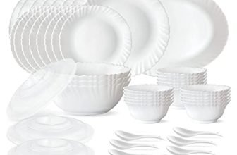 Larah by Borosil Silk Series Opalware Dinner Set | for Family of 6 | Microwave & Dishwasher Safe | Bone-Ash Free | Crockery Set for Dining & Gifting | Plates & Bowls | White (47 PCS)