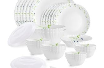 CELLO Tropical Lagoon Dazzle Series Opalware Dinner Set of 35 Pieces For Family of 6 | Bone-Ash Free & Leadfree Opal Glass, Microwave & Dishwasher Safe Plates & Bowls Crockery Set For Dining & Gifting
