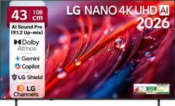 LG 108 cm (43 inch) Ultra HD (4K) LED Smart WebOS TV 2026 Edition with NANO Detail Enhancer, HDR10 Pro, 4K Super Upscaling Alpha7 AI Processor 4K Gen9, Dolby Atmos, AI Sound Pro (9.1.2 ch), Multi AI (Google Gemini & MS Copilot), Linear Flow Design, 60Hz VRR, 5 Years OS upgrade, Secured by LG Shield,