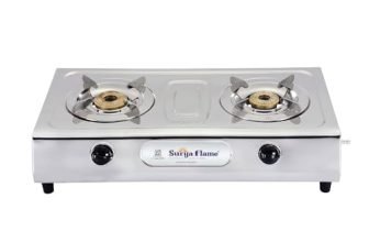 Surya Flame Majestic 2 Burner Stainless Steel Gas Stove | Manual Ignition | High-Efficiency Tri-Pin Brass Burners | Heavy-Duty Pan Support | Anti-Skid Legs | ISI Certified & 2 Years Warranty