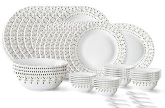 Larah by Borosil Ora Gold Fluted Series Opalware Dinner Set | 44 Pieces for Family of 8 | Microwave & Dishwasher Safe | Bone-Ash Free | Crockery Set for Dining & Gifting | Plates & Bowls | White