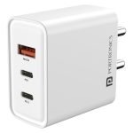 Portronics 65W Adapto 65M GaN Triple Port Fast Charging Laptop Adaptor, 2 x Type-C PD Port, 1 x USB-A Port, Compatible with Laptops, Smartphones, Tablets, MacBooks, iPads (White)