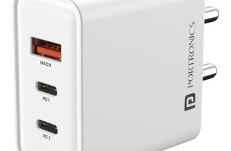 Portronics 65W Adapto 65M GaN Triple Port Fast Charging Laptop Adaptor, 2 x Type-C PD Port, 1 x USB-A Port, Compatible with Laptops, Smartphones, Tablets, MacBooks, iPads (White)
