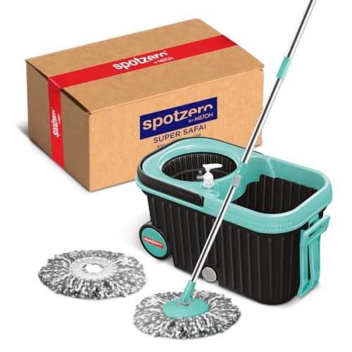 Spotzero By Milton Eelite Spin Mop I 2-in-1 Mop Bucket for Cleaning & Drying I 360° Spin Mechanism I High Absorbent Microfiber Refills I Big Wheels & Drag Handle for Easy Movement I Black